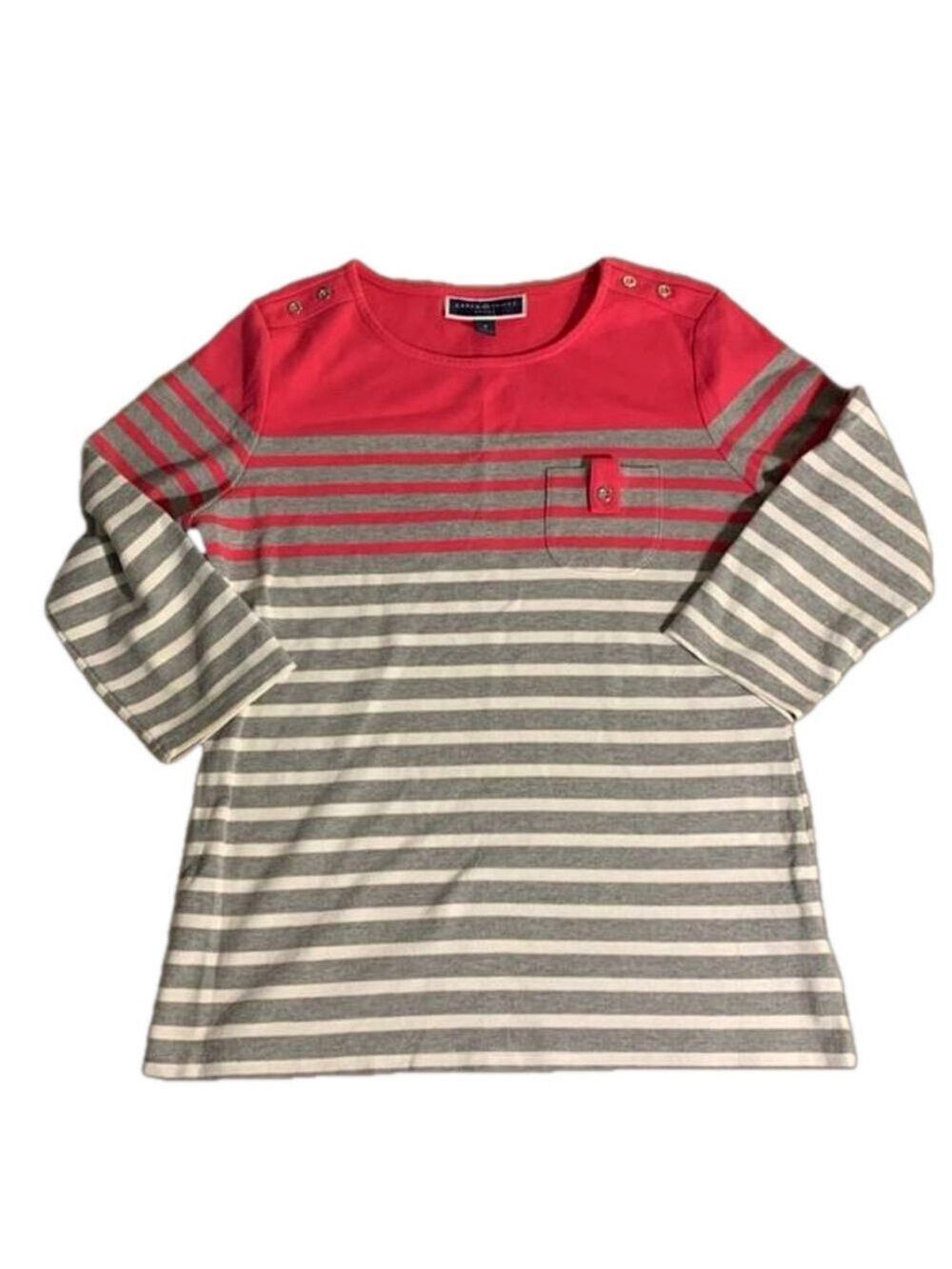 Karen Scott Sport pink, grey and white striped 1/2 sleeve top medium